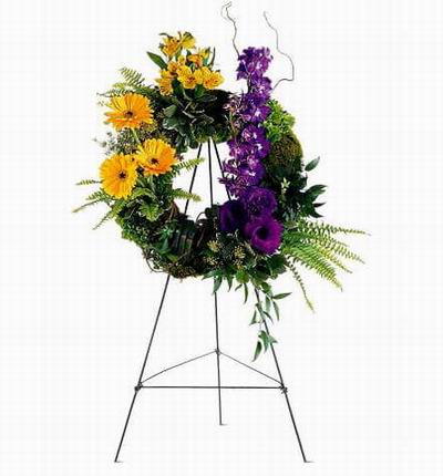 Wreath Shaped Stand with Gerbera Daisies, Alstromerias, Eustomas and Greenery.