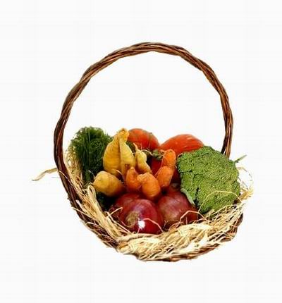 Basket of Vegetables. 4 Carrots, 4 Gingers, 3 Onions, 2 small Pumpkins (unavailability substitution with melons), and 1 bunch of Broccoli with green vegi fillers.