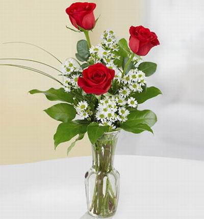 3 roses in vase.