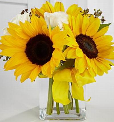 3 Sunflowers and 2 white Roses with seeded Eucalyptus.